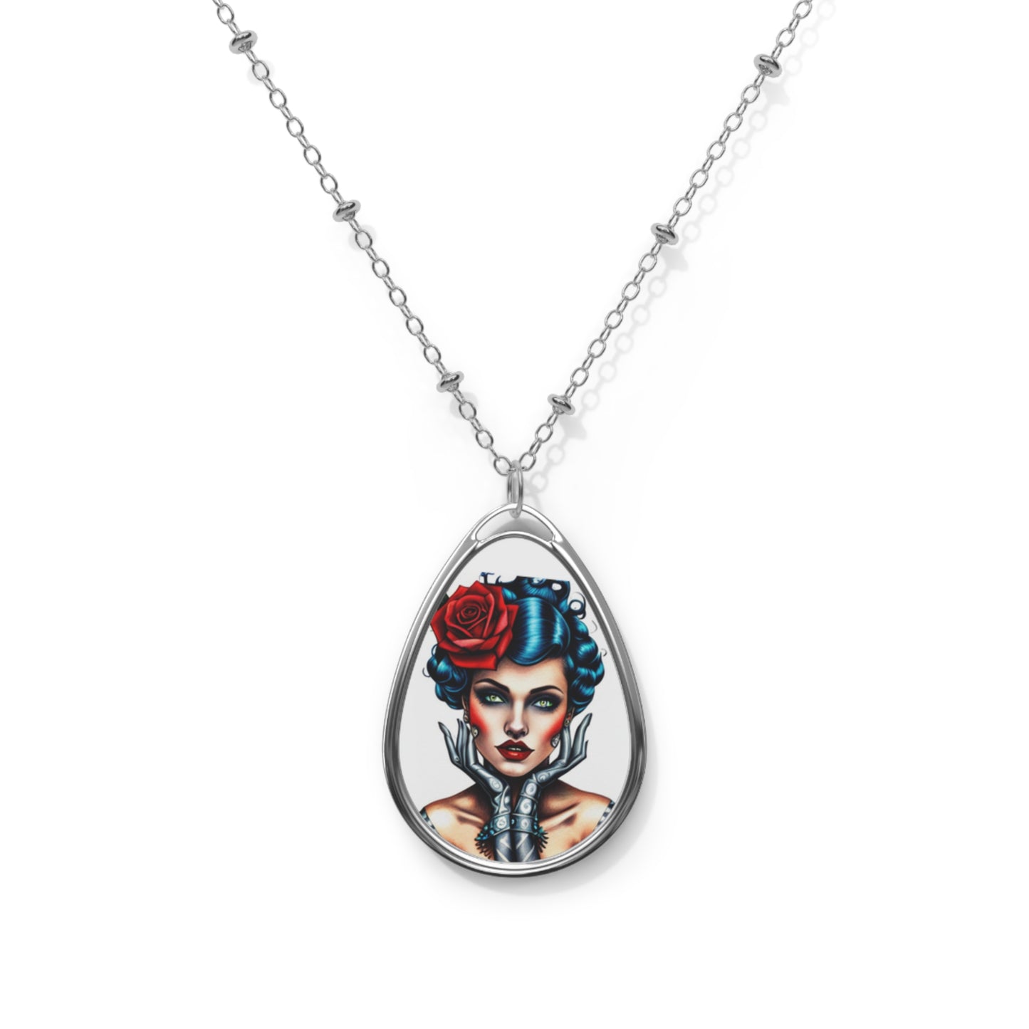 Steam punk woman Oval Necklace